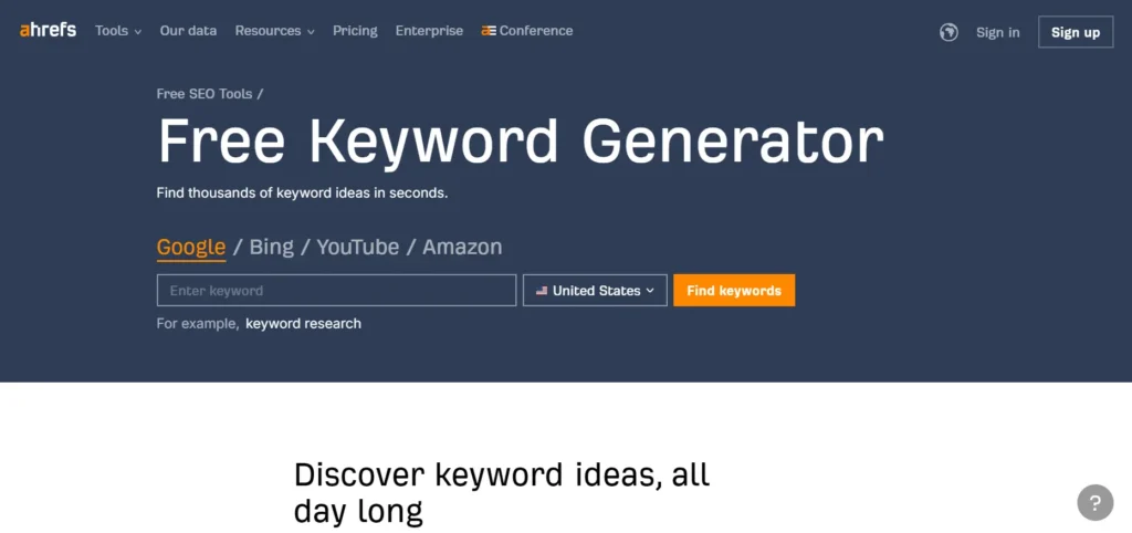 Homepage of Keyword Generator