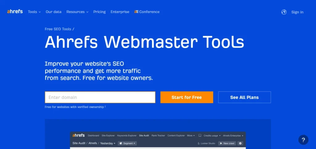 homepage of Ahrefs Webmaster Tools