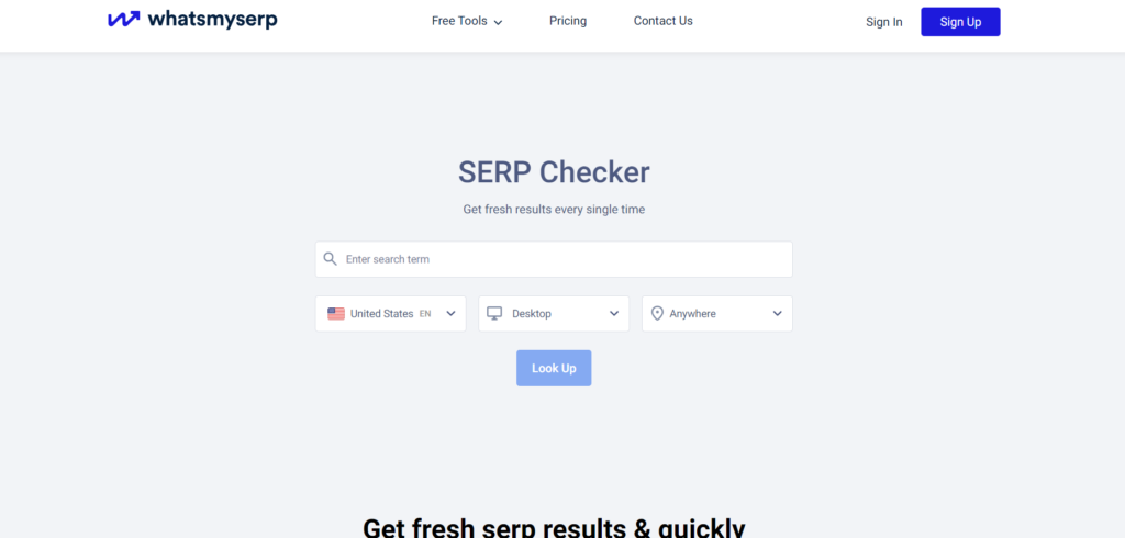 Homepage of whatsmyserp SERP Checker